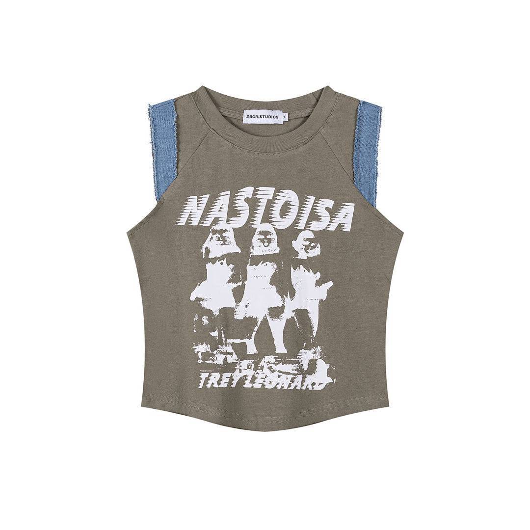 Distorted Figure Print Denim Trim Raglan Tank Top