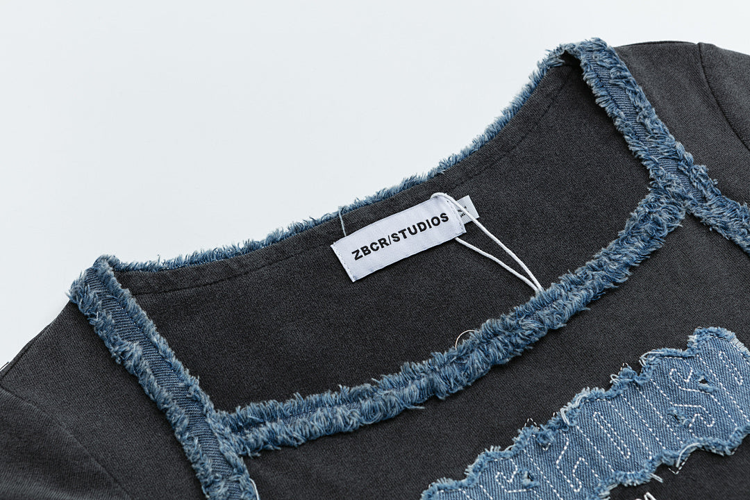 Washed Denim Fringe Patch Square Neck Crop Tee