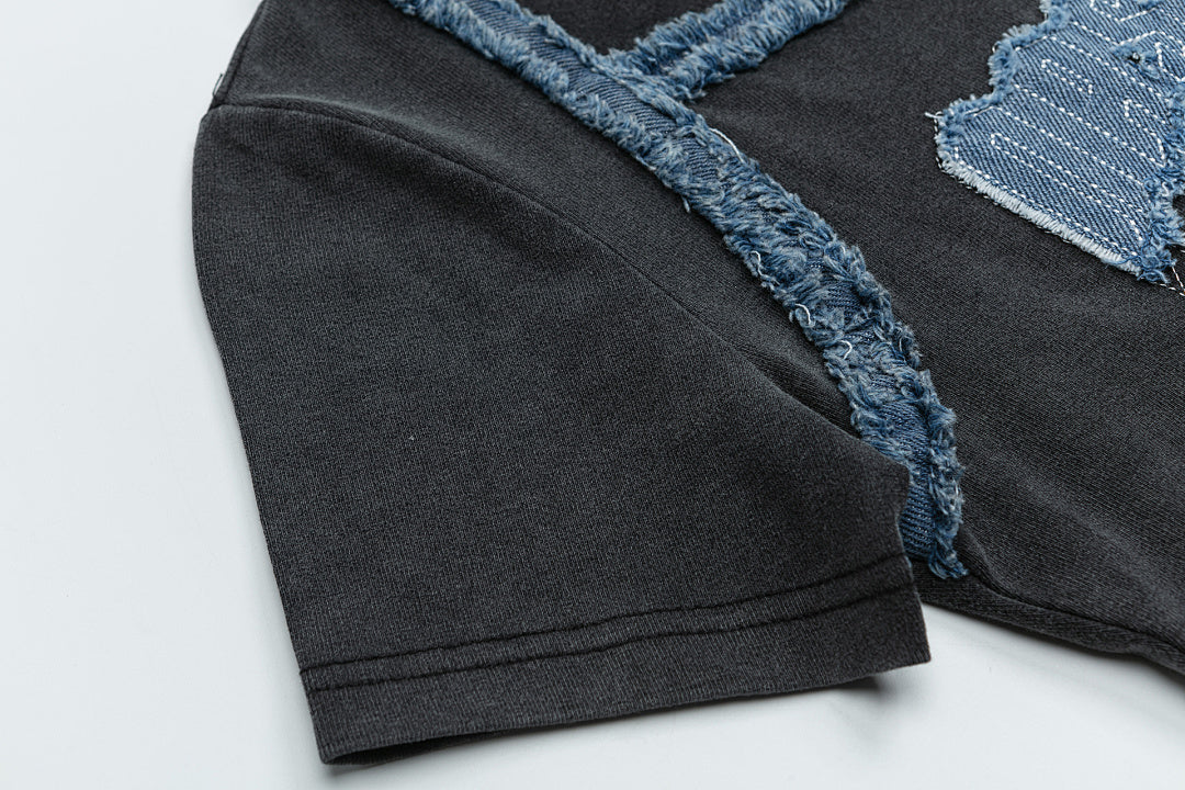 Washed Denim Fringe Patch Square Neck Crop Tee