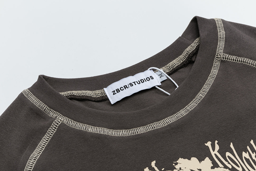 Vintage Portrait Print Contrast Stitch Raglan Crop Tee