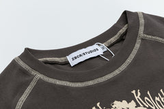 Vintage Portrait Print Contrast Stitch Raglan Crop Tee