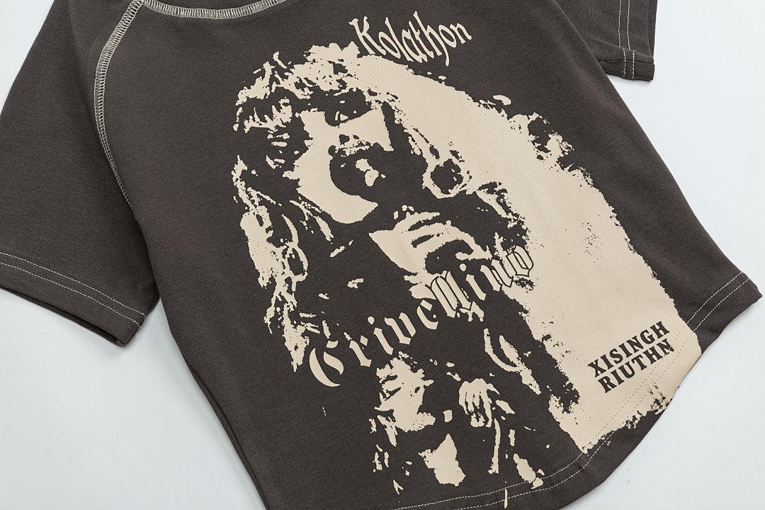 Vintage Portrait Print Contrast Stitch Raglan Crop Tee