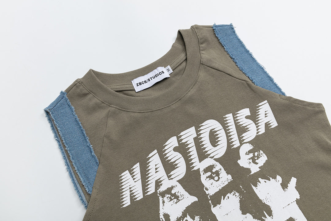 Distorted Figure Print Denim Trim Raglan Tank Top