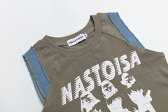 Distorted Figure Print Denim Trim Raglan Tank Top