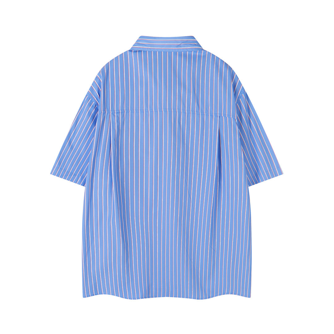 Blue Stripe Floral Embroidery Short Sleeve Shirt