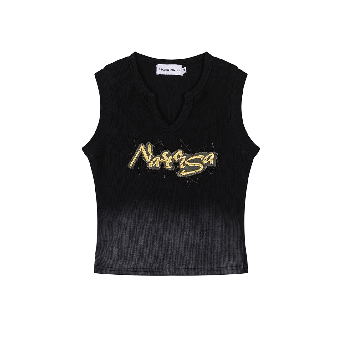 Gradient Wash Raw Edge Letter Patch V‑Notch Tank Top