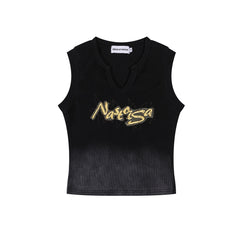 Gradient Wash Raw Edge Letter Patch V‑Notch Tank Top
