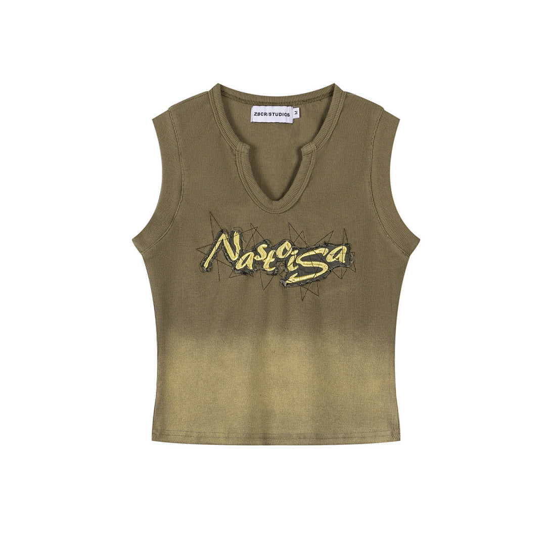 Gradient Wash Raw Edge Letter Patch V‑Notch Tank Top