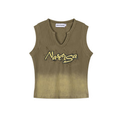 Gradient Wash Raw Edge Letter Patch V‑Notch Tank Top