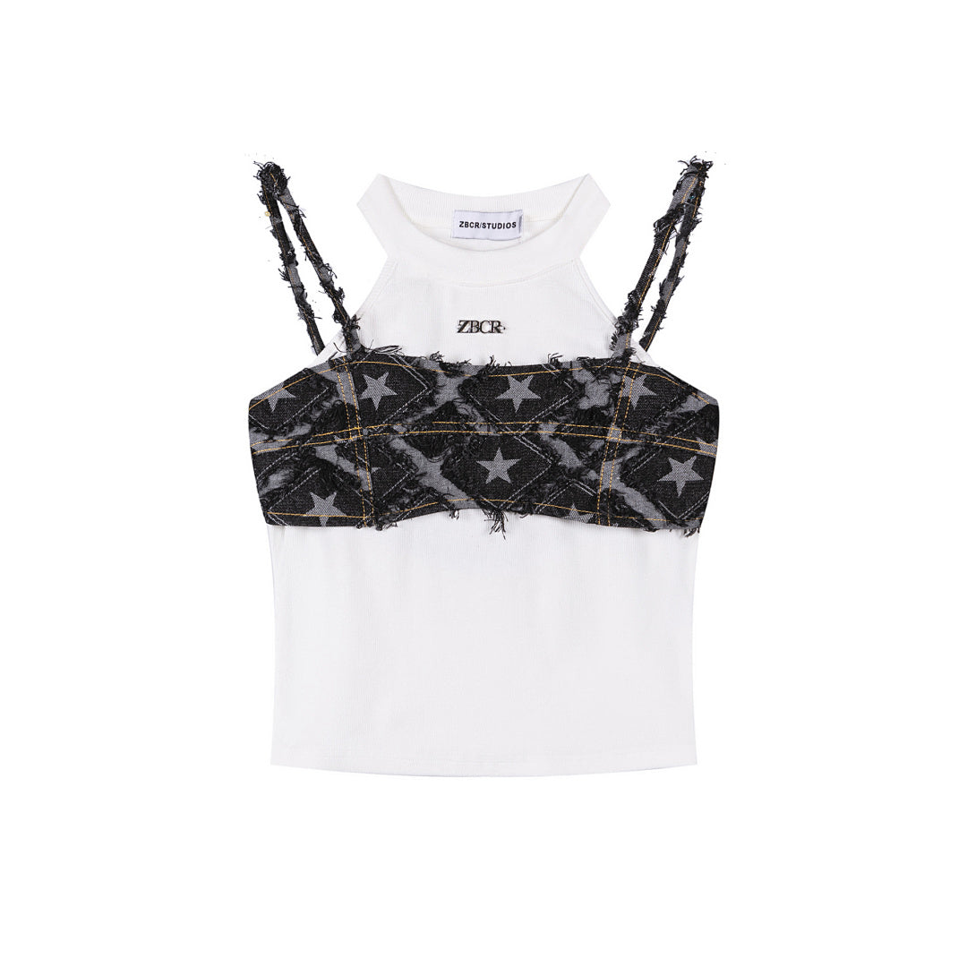 Star Denim Fringe Layered Halter Cami Top