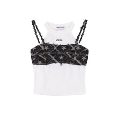 Star Denim Fringe Layered Halter Cami Top