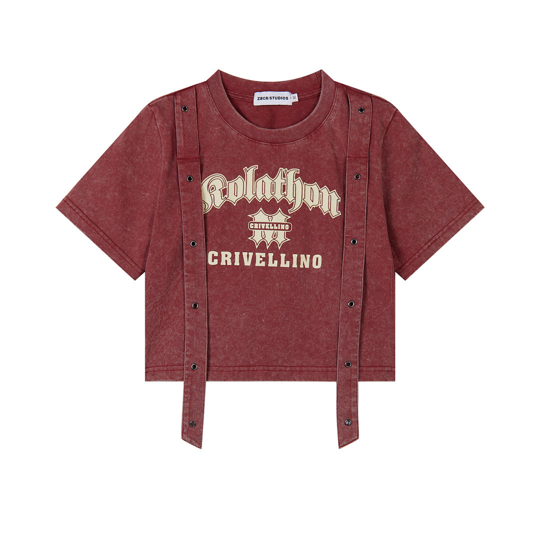 Washed Gothic Letter Rivet Strap Cropped Tee