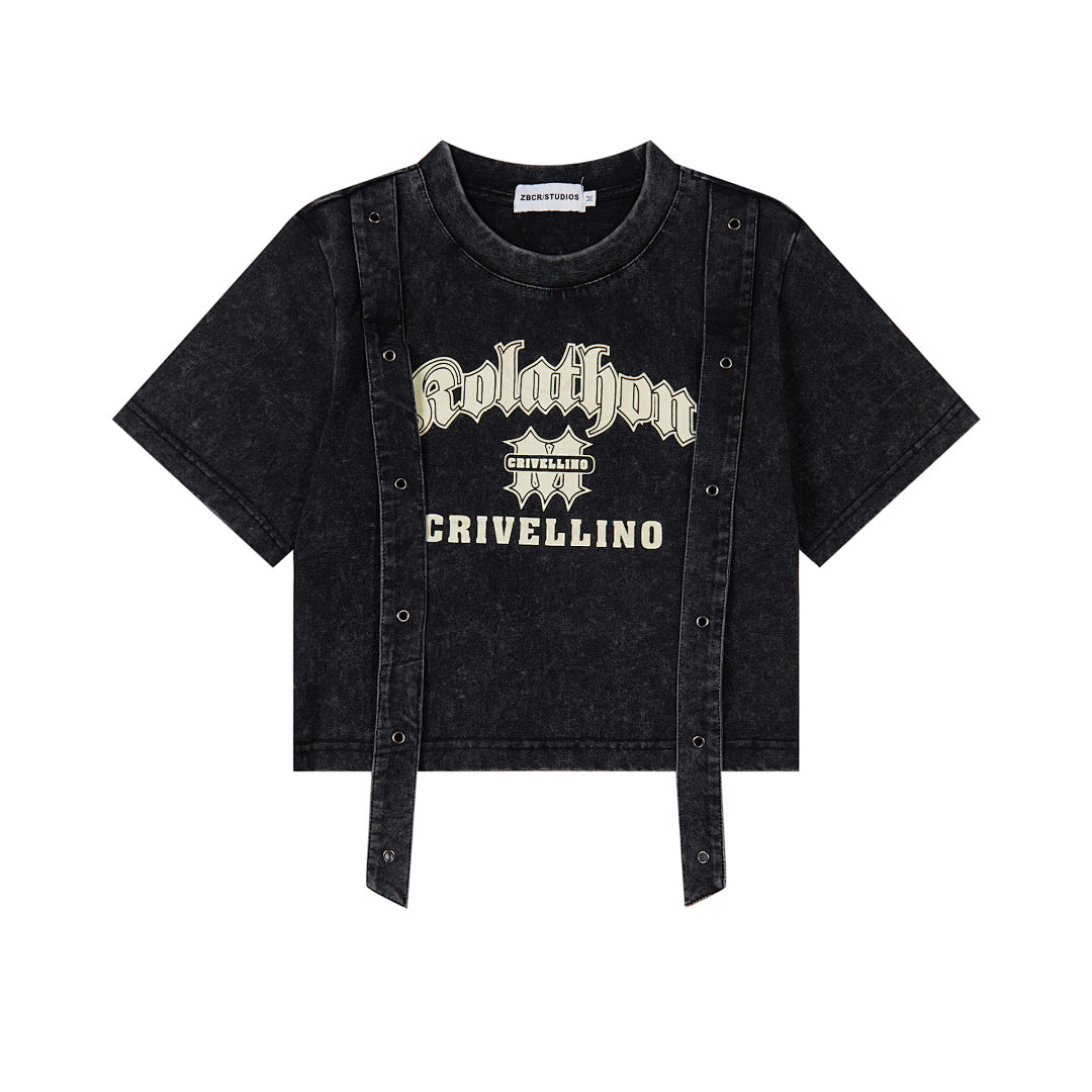 Washed Gothic Letter Rivet Strap Cropped Tee