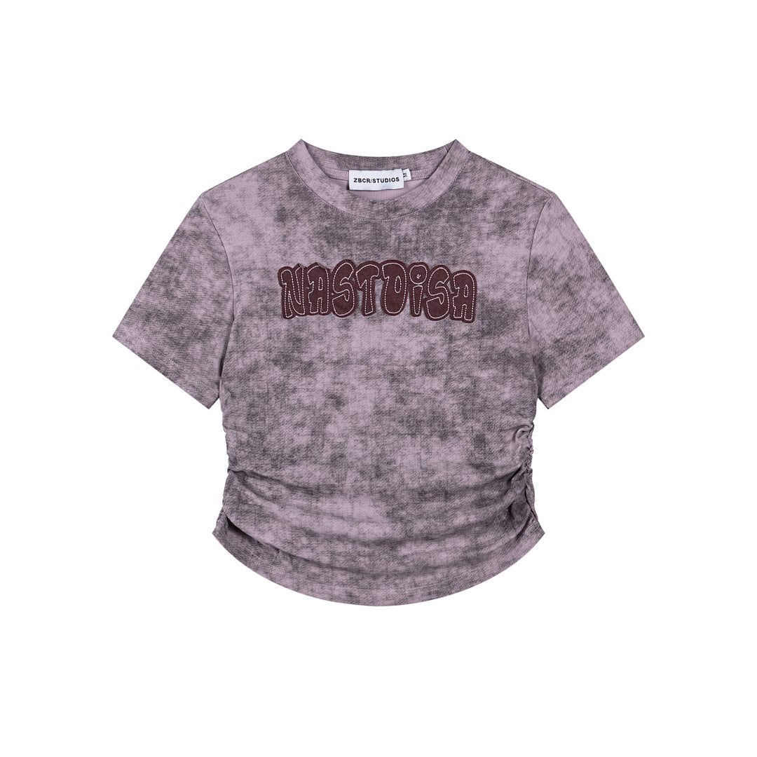 Wash‑Dye Embroidered Ruched Curved Hem Tee