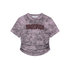 Wash‑Dye Embroidered Ruched Curved Hem Tee