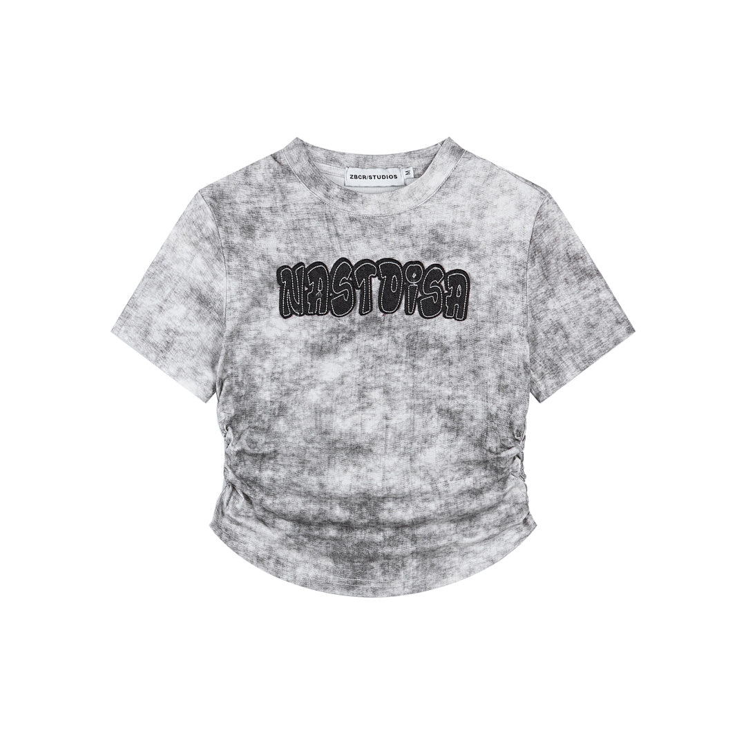 Wash‑Dye Embroidered Ruched Curved Hem Tee