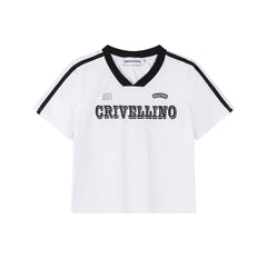 Contrast Trim V‑Neck Varsity Embroidered Tee