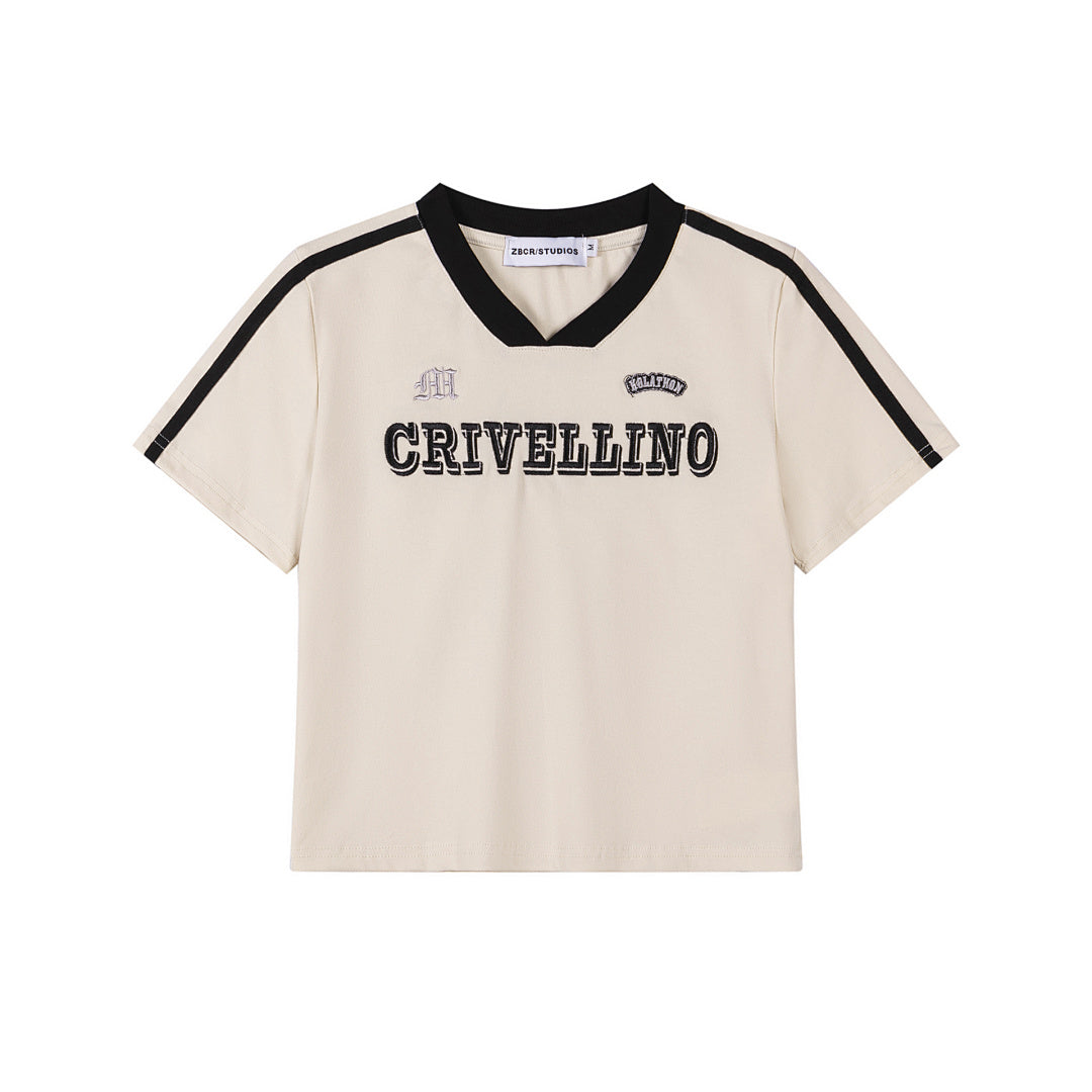 Contrast Trim V‑Neck Varsity Embroidered Tee
