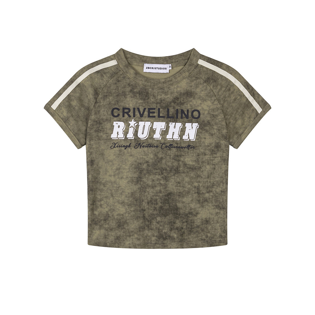 Wash‑Effect Letter Print Raglan Crop Tee