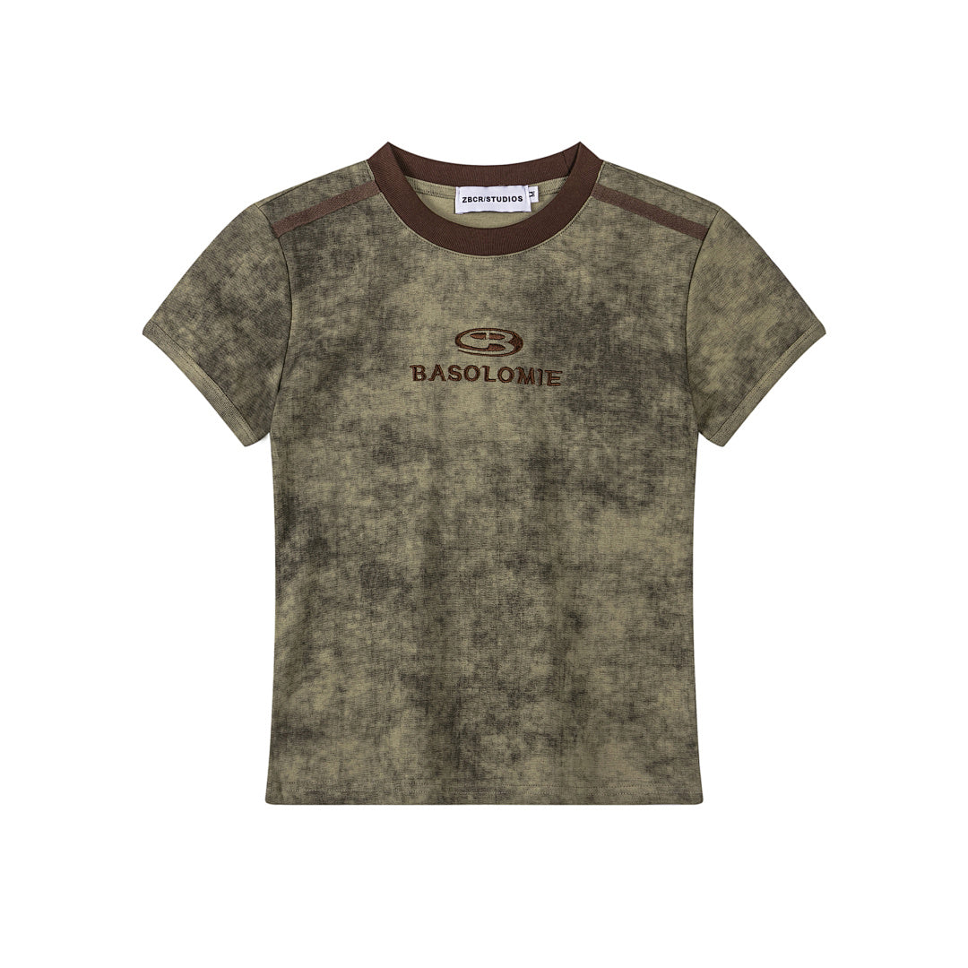 Wash Dye Logo Embroidered Contrast Trim Slim Tee