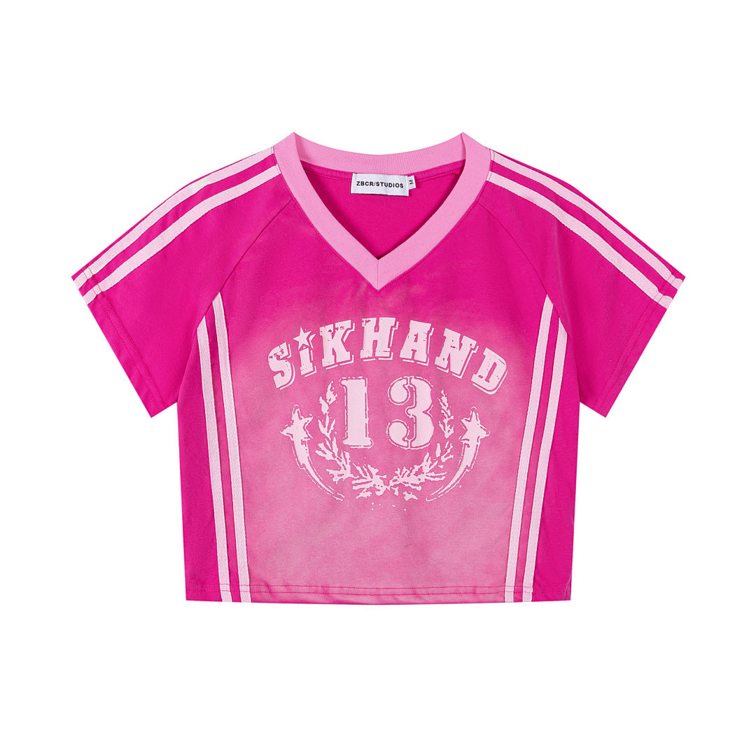 SIKHANG V‑Neck Varsity 13 Print Striped Crop Jersey Tee