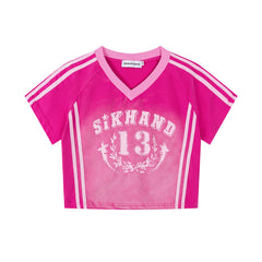 SIKHANG V‑Neck Varsity 13 Print Striped Crop Jersey Tee