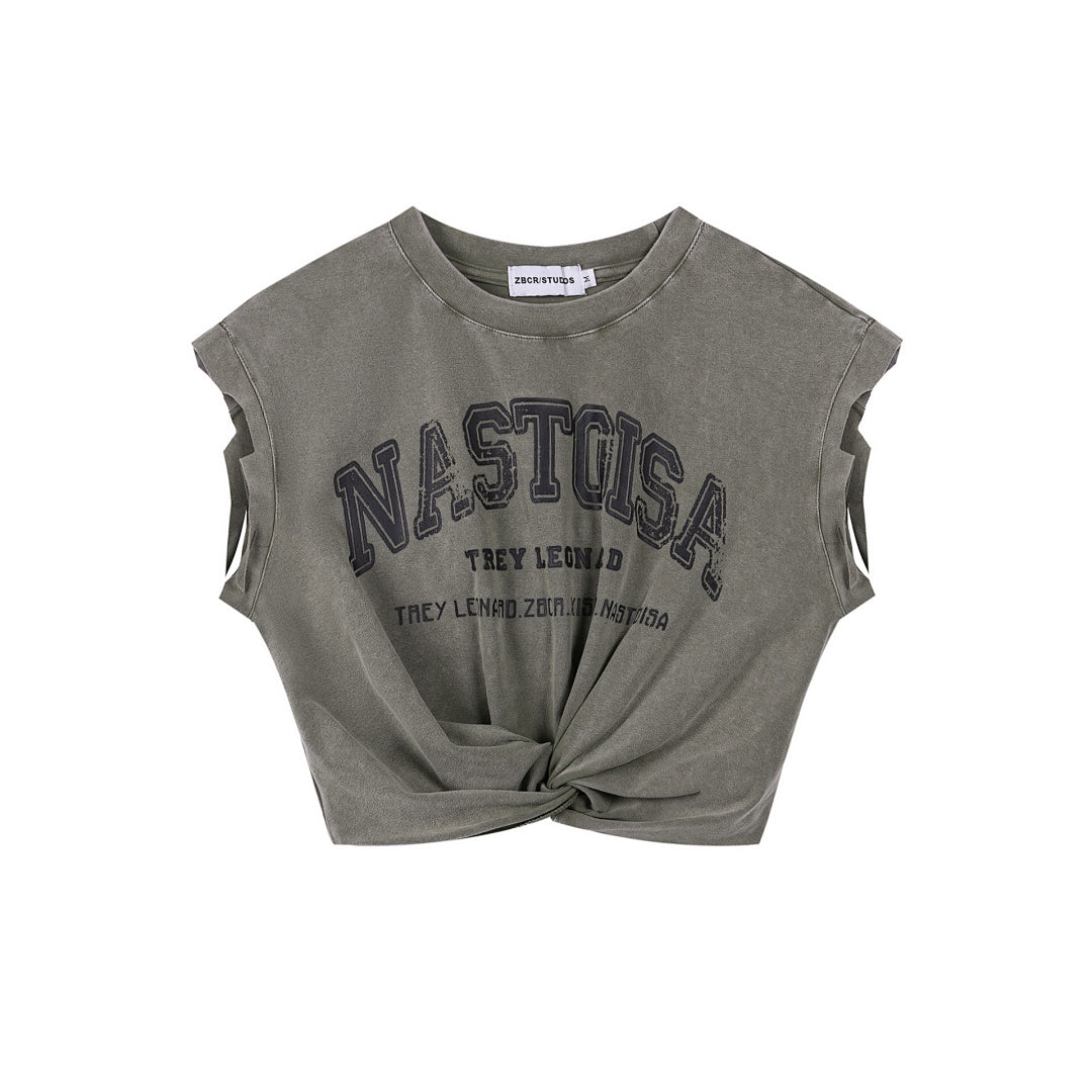 Washed Vintage Letter Twist Front Cut‑Off Tank Top
