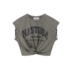 Washed Vintage Letter Twist Front Cut‑Off Tank Top