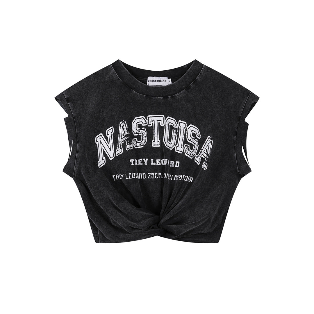 Washed Vintage Letter Twist Front Cut‑Off Tank Top
