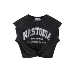 Washed Vintage Letter Twist Front Cut‑Off Tank Top