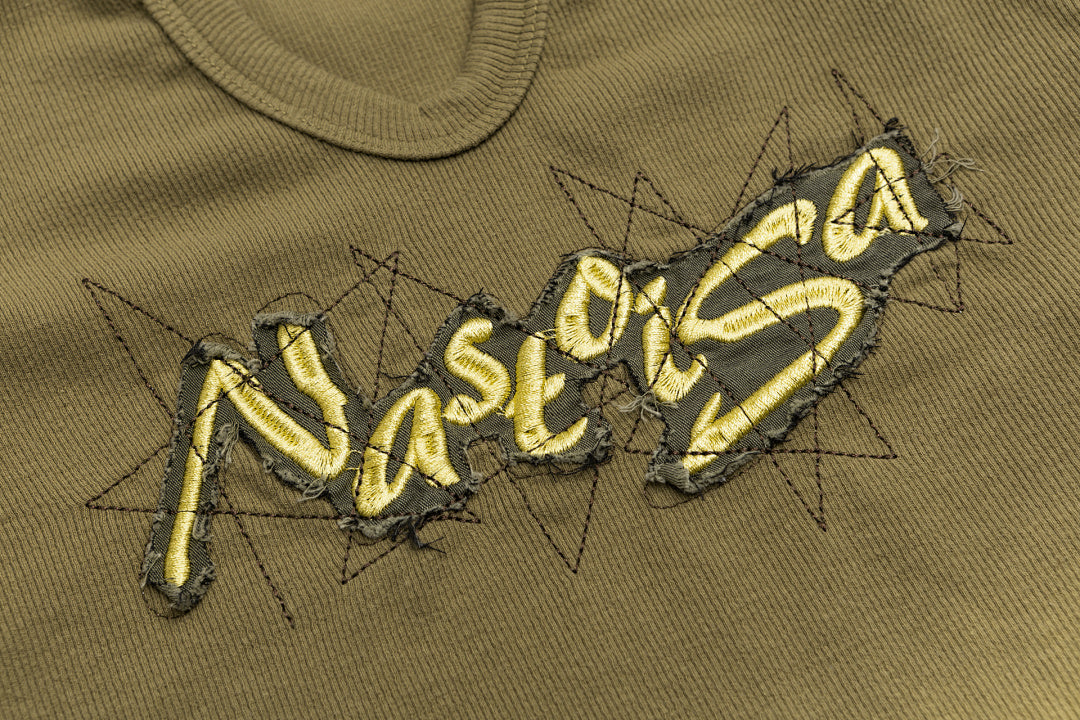 Gradient Wash Raw Edge Letter Patch V‑Notch Tank Top