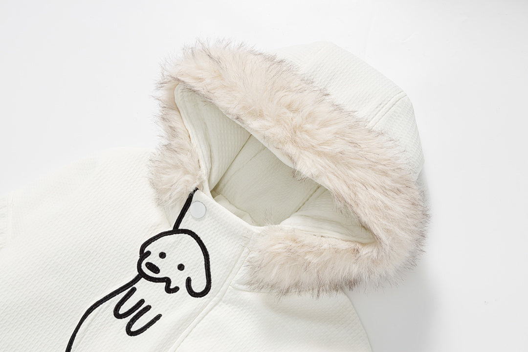Detachable Fur Collar Cartoon Dog Embroidered Hooded Coat