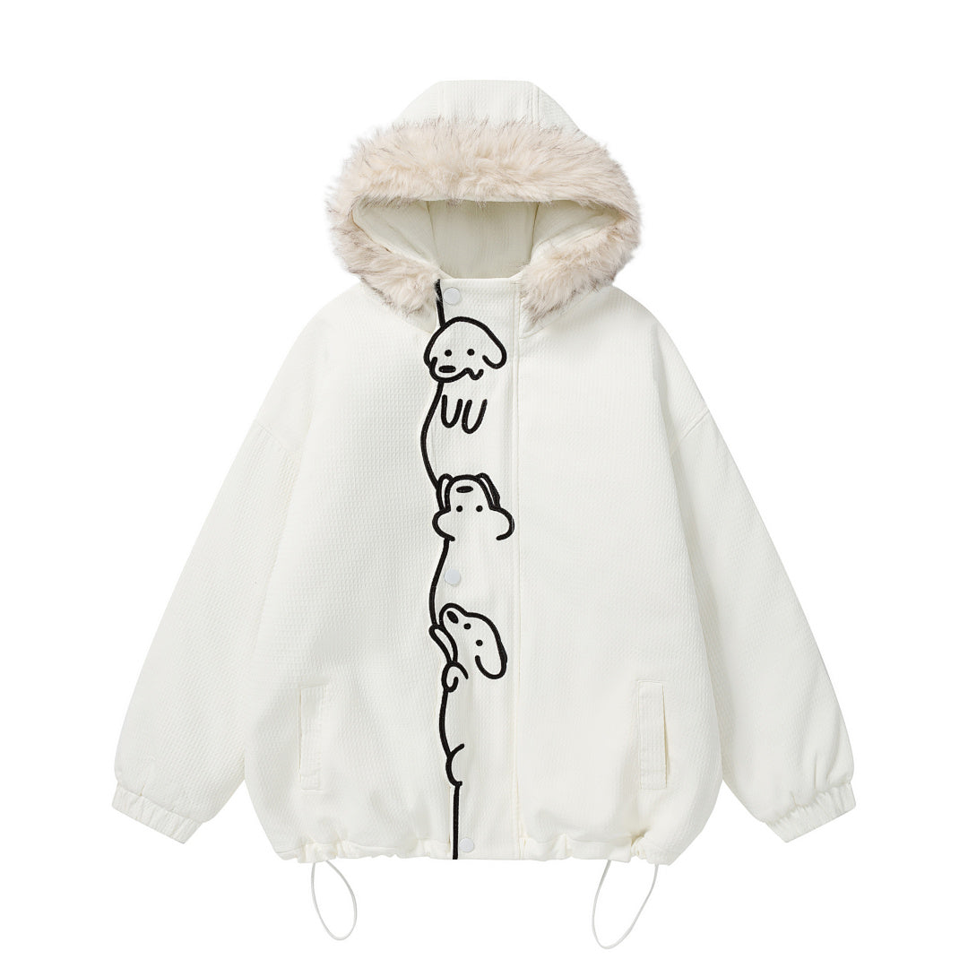 Detachable Fur Collar Cartoon Dog Embroidered Hooded Coat