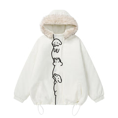 Detachable Fur Collar Cartoon Dog Embroidered Hooded Coat