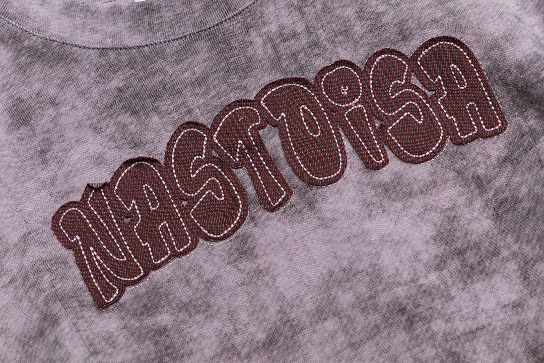Wash‑Dye Embroidered Ruched Curved Hem Tee