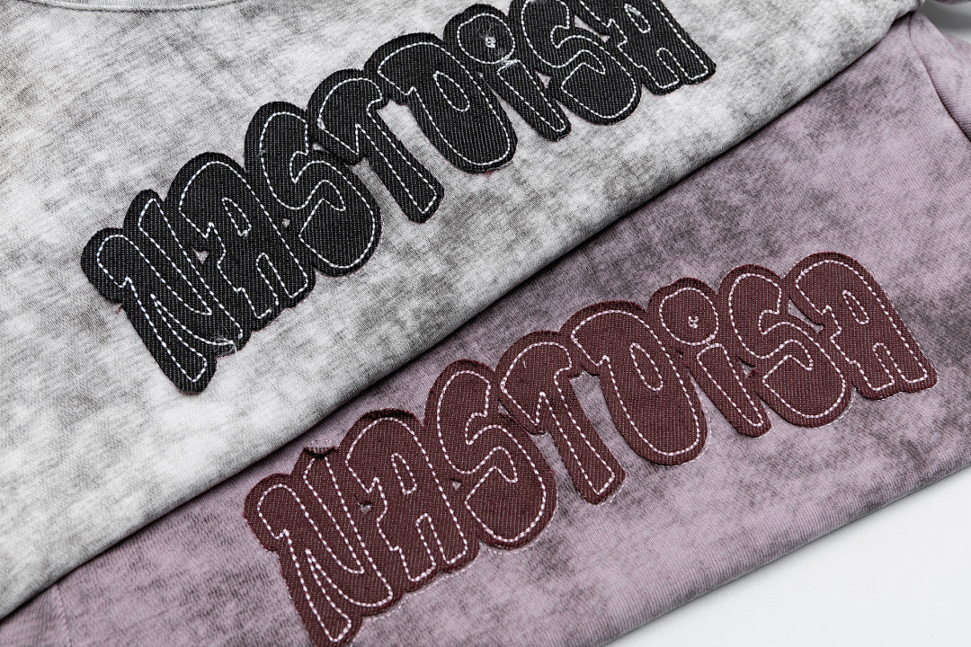 Wash‑Dye Embroidered Ruched Curved Hem Tee