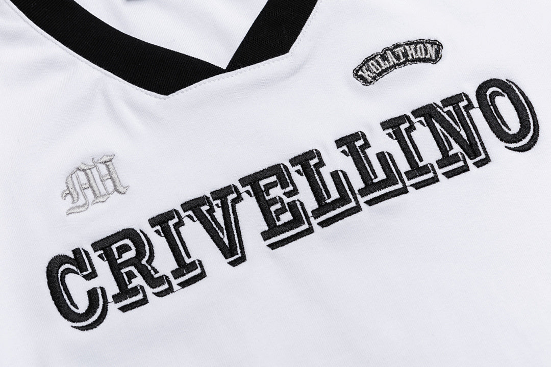 Contrast Trim V‑Neck Varsity Embroidered Tee