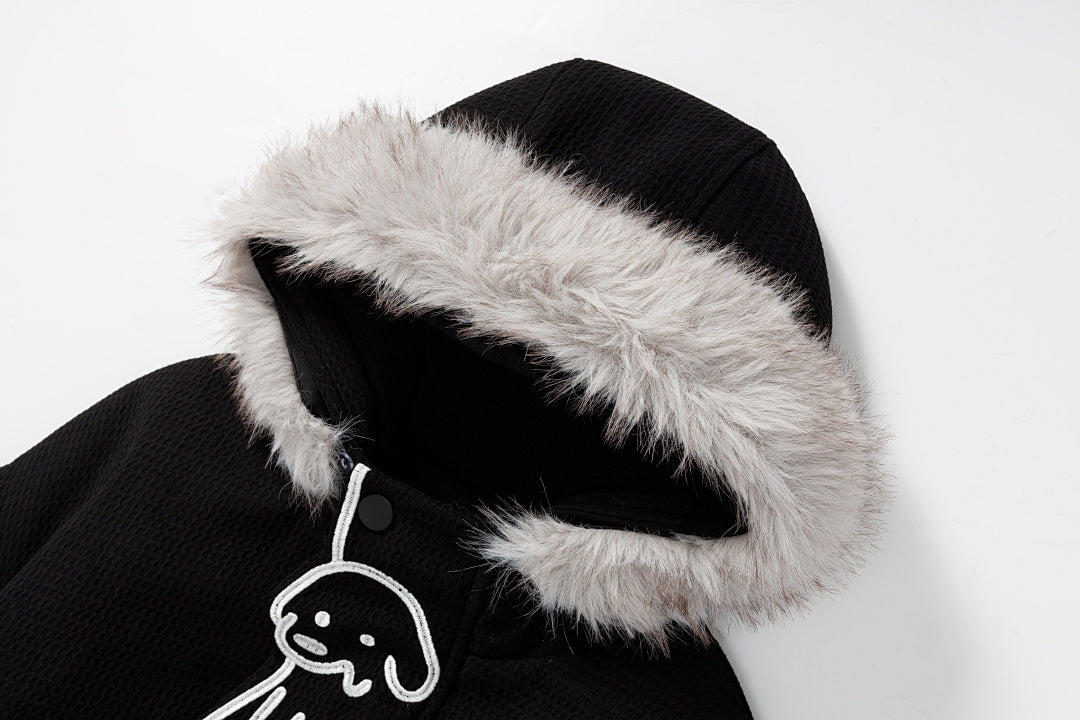 Detachable Fur Collar Cartoon Dog Embroidered Hooded Coat
