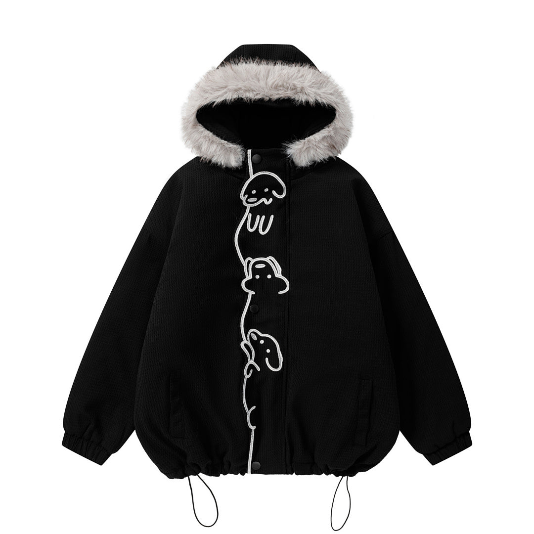 Detachable Fur Collar Cartoon Dog Embroidered Hooded Coat