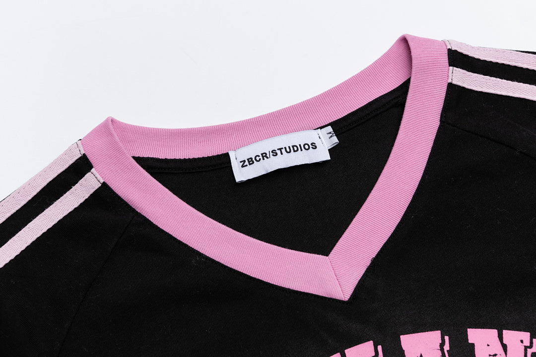 SIKHANG V‑Neck Varsity 13 Print Striped Crop Jersey Tee