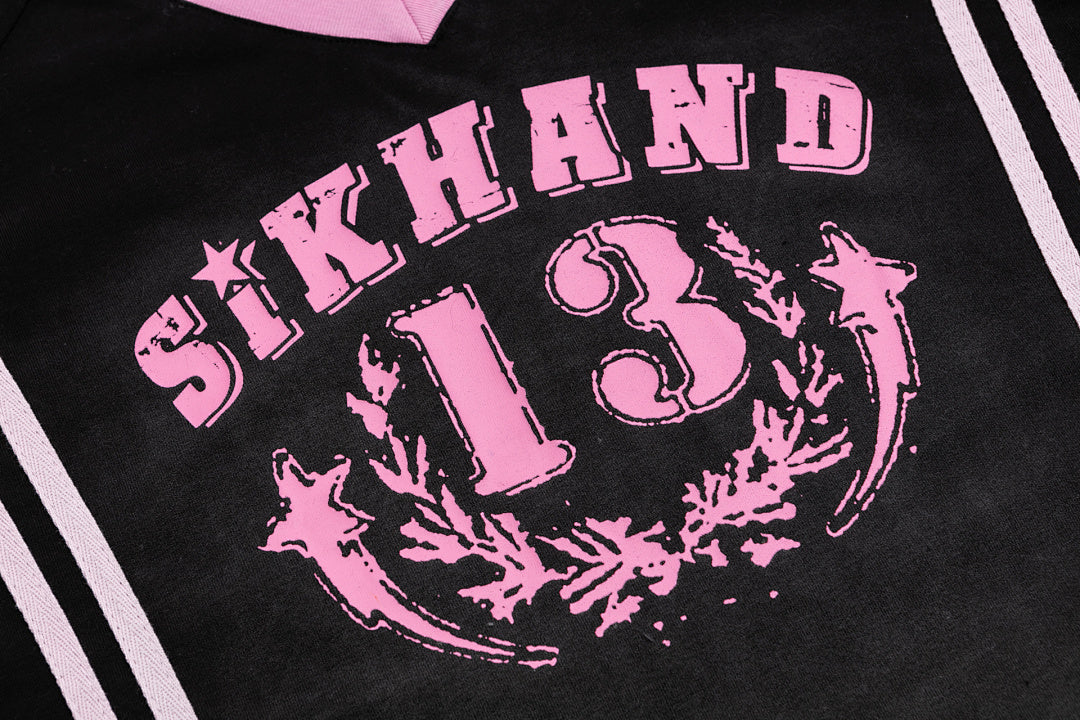 SIKHANG V‑Neck Varsity 13 Print Striped Crop Jersey Tee