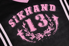 SIKHANG V‑Neck Varsity 13 Print Striped Crop Jersey Tee