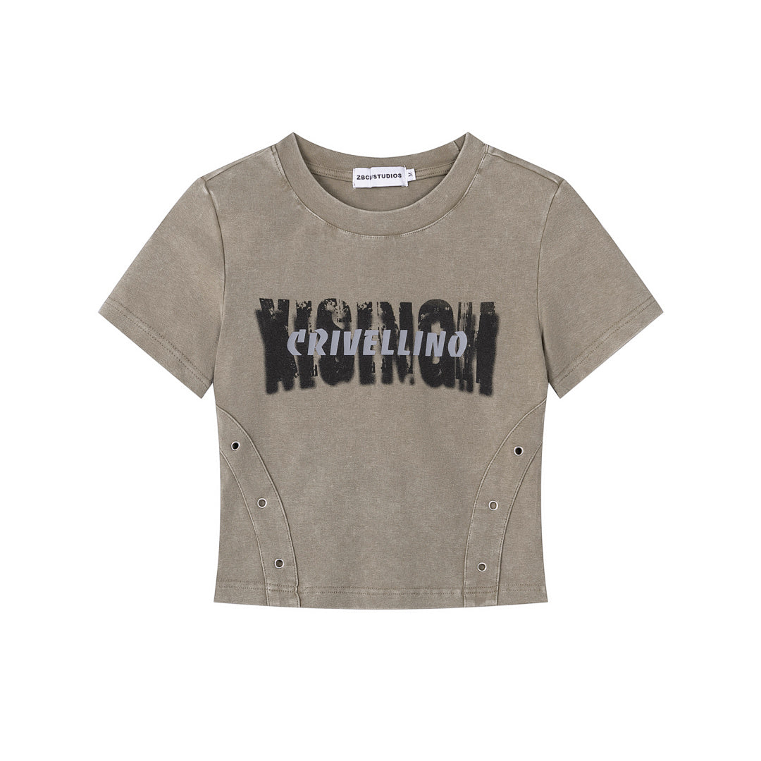 Worn Print Eyelet Panel Fitted Cropped Tee