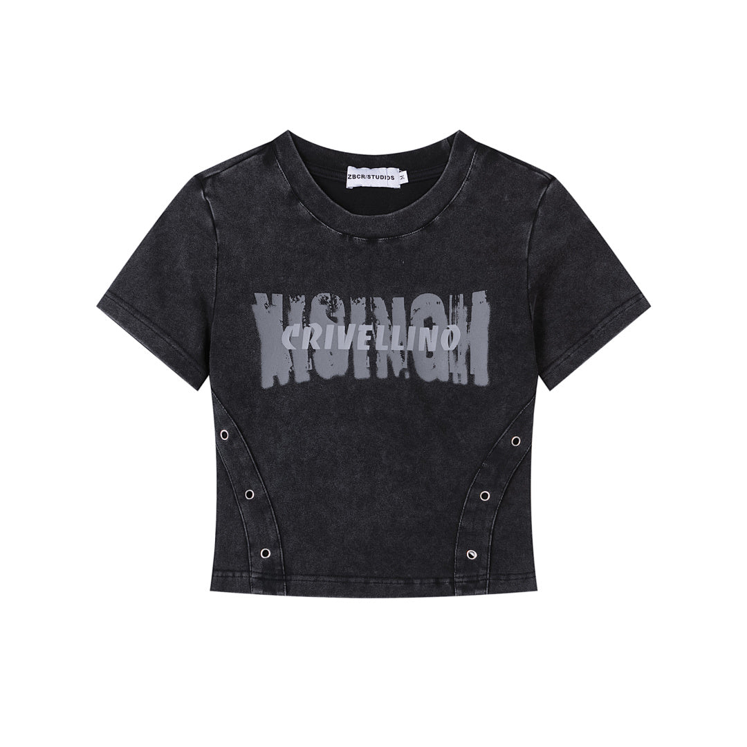 Worn Print Eyelet Panel Fitted Cropped Tee