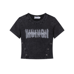 Worn Print Eyelet Panel Fitted Cropped Tee