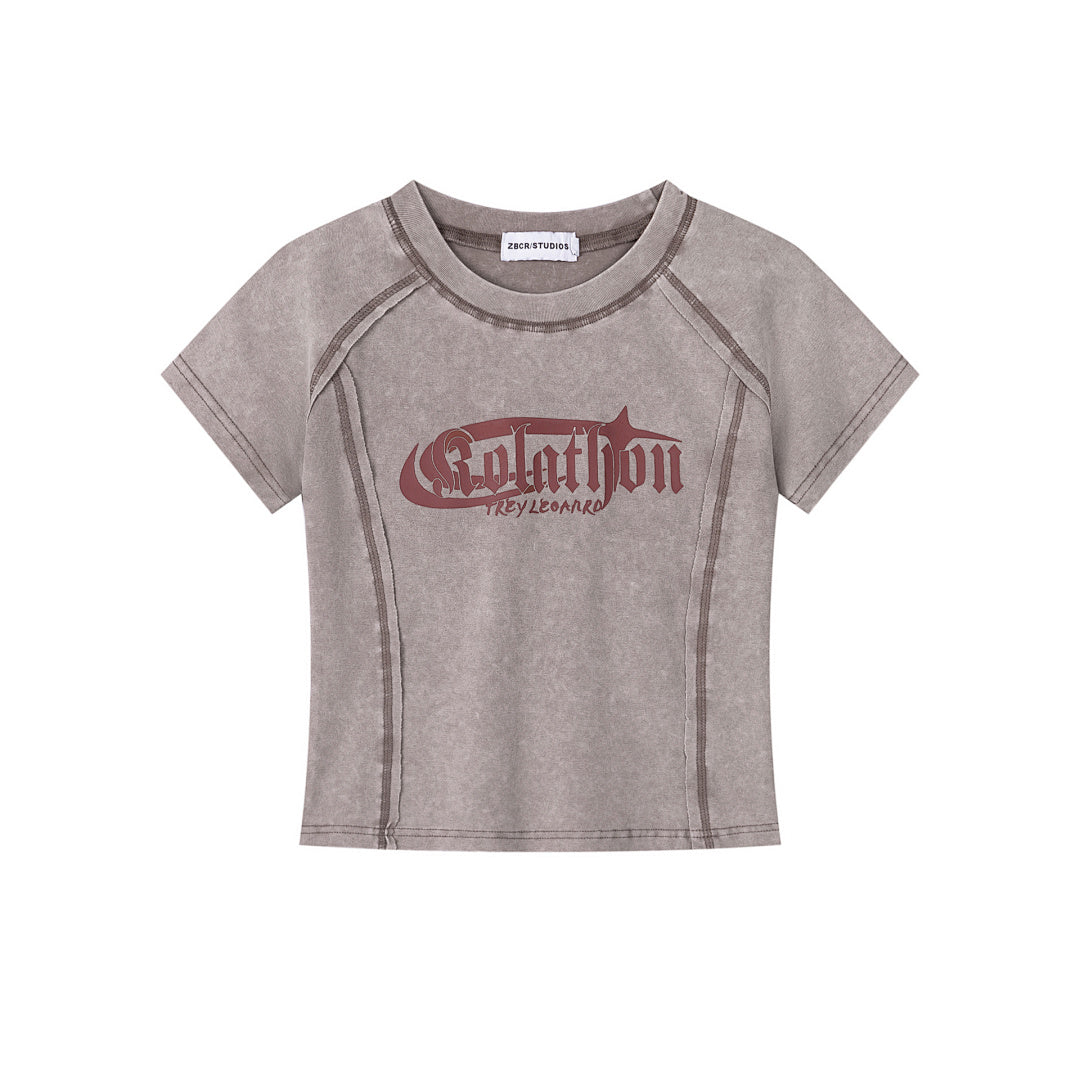 Washed Contrast Stitch Gothic Font Fitted Crop Tee