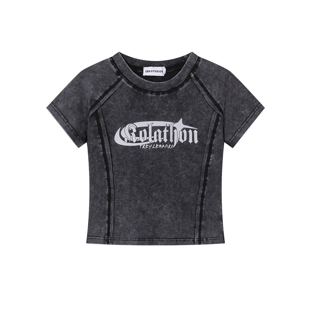 Washed Contrast Stitch Gothic Font Fitted Crop Tee
