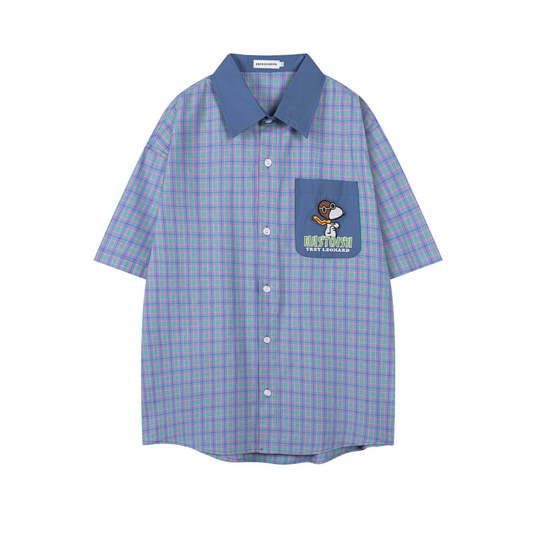 Colorful Plaid Cartoon Dog Embroidery Short Sleeve Shirt