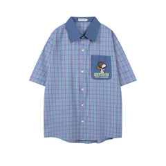 Colorful Plaid Cartoon Dog Embroidery Short Sleeve Shirt