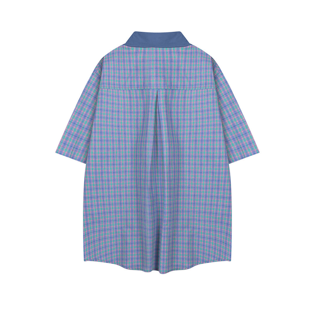 Colorful Plaid Cartoon Dog Embroidery Short Sleeve Shirt